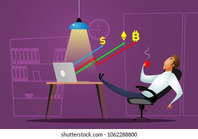 Happy Man Investor. Crypto currency up trend. Growth chart concept vector. Trade Chart. Virtual Money. Cartoon Illustration