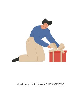 Happy man isolate on white preparing for holiday celebration. A guy putting gifts under Christmas tree. Winter holiday celebration. Present giving, Xmas tradition. Vector illustration in flat style.