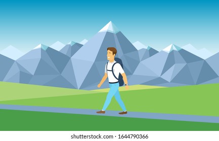 Happy man in jeans with backpack, traveller or explorer rises, goes to the mountain top in summer. Concept of discovery, exploration, hiking, adventure tourism and travel. Flat vector illustration