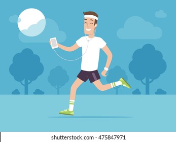 Happy man jogging outside and listening music on his smartphone vector illustration in flat style