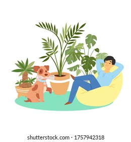 happy man and joyful puppy, pet, cute, happy man in apartment with his best friend, design, cartoon style vector illustration. Guy is teaching his pet, training teams for dogs, games and grooming.