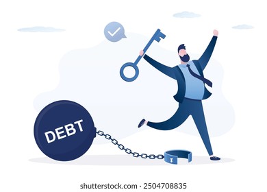 Happy man jump with big key. Male borrower opened shackles and got rid of debt and loans. Businessman or customer not chained to huge credit burden. Financial freedom, money management. flat vector