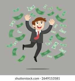 A happy man jumped up in money rain. Illustration, Cartoon, Vector.