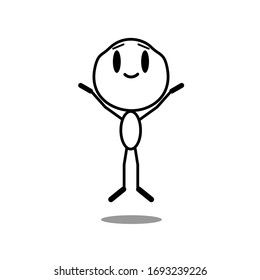 Happy man jumping in the air cheerfully. Feeling and emotion concept. Cartoon character. Vector, line illustration on a white background.
