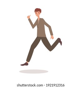 Happy man jumping in air with thumbs up - adult cartoon character running and smiling isolated on white background, flat vector illustration.
