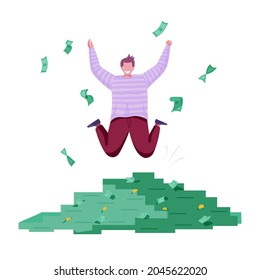 Happy man jumping and bathing on mountain of money. Rich male character with flying dollars around him. Colorful vector illustration. Cartoon style. White background