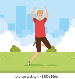 happy man jumping with blouse and short