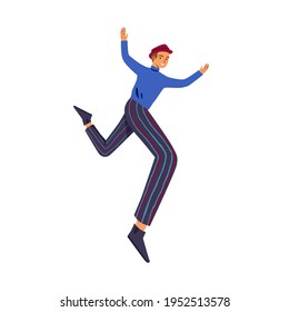 Happy man jumping or flying for fun and joy. Active carefree guy with feeling of freedom and carelessness. Colored flat vector illustration of funny positive character isolated on white background