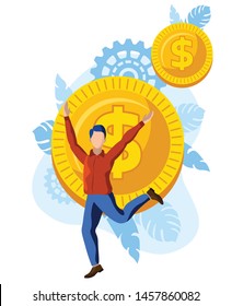 happy man jumping in front of money coin, wealth concept vector illustration