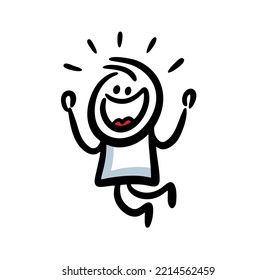 Happy man jumping in great emotions with smile on the face. Vector illustration of funny stickman with open mouth.