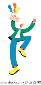 Happy man jumping and holding envelope with good news in paper letter. Good news, mail, positive feedback concept