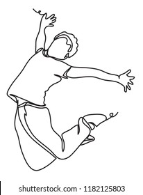 happy man jumping isolated on white. continuous line drawing. Vector illustration. Isolated