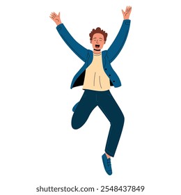 Happy man jumping with joy, celebrating success and good vibes