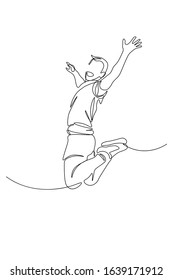 Happy man jumping for joy in continuous line art drawing style. Victory, success and freedom concept. Black linear sketch isolated on white background. Vector illustration