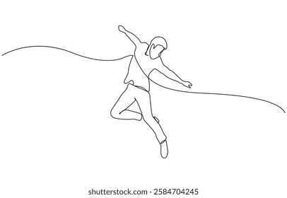 Happy man jumping for joy in continuous line art drawing style, Single one line childhood vector illustration.