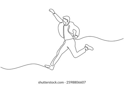 Happy man jumping for joy in continuous line art drawing style, Continuous one line drawing. Happy jumping man on white background. Vector illustration.