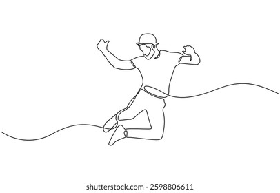 Happy man jumping for joy in continuous line art drawing style, Continuous one line drawing. Happy jumping man on white background. Vector illustration.