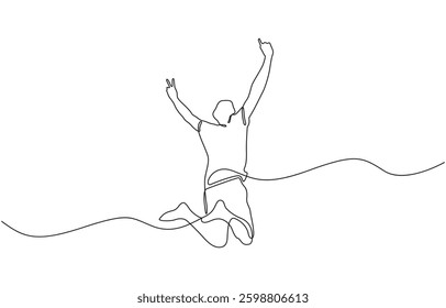 Happy man jumping for joy in continuous line art drawing style, Continuous one line drawing. Happy jumping man on white background. Vector illustration.