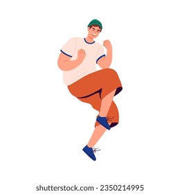 Happy man jumping from joy in modern clothes. Flat vector