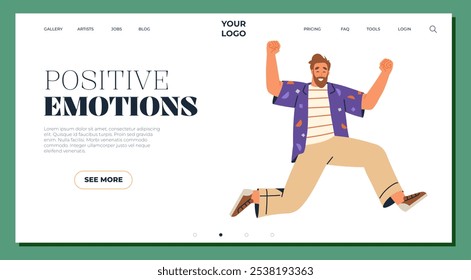 Happy man jumping with joy on a website interface design layout Ideal for creative websites personal blogs motivational content mental health promotions and lifestyle branding projects. Modern Flat