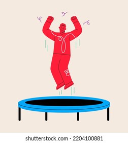 Happy man jumping on trampoline. Spare Time, Activity, freedom, healthy lifestyle. Colorful vector illustration