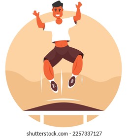 Happy man jumping on trampoline. Sports acrobatics training. Vector illustration