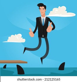 Happy man jumping in to a sharks pool