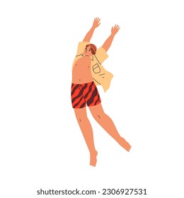 Happy man jumping up, excited with summer holiday, beach vacation. Young joyful delighted rejoicing guy in swim trunks, shirt and panama. Flat vector illustration isolated on white background