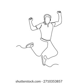 Hombre feliz saltando en la pose de la victoria. Ilustración de la línea continua del éxito, la libertad y la motivación