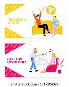 Happy man just found pregnancy test result. Husband take care his pregnant wife. Happy family concept illustration. Vector web site design template. Landing page website illustration.