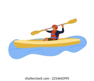 
Happy man kayaking or canoeing on the river, rowing in a boat. Rafting. Flat vector illustration isolated on white background