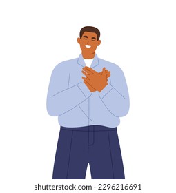 Un hombre feliz que tenga las manos en el pecho se siente agradecido y agradecido. Concepto de caridad y trabajo voluntario.  Ilustración vectorial plana aislada en fondo blanco 
