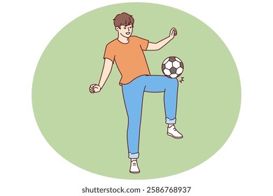 Happy man kicking soccer ball wanting to become famous major league player and compete in international sports competitions. Young promising soccer player training alone with smile doing tricks