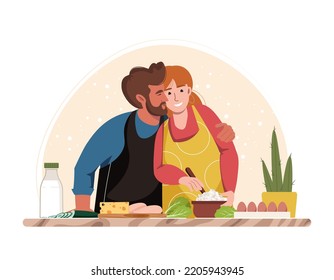 Hombre feliz besa a su esposa mientras cocina la cena en una ilustración plana vectorial de la cocina. Hombre y mujer preparando comidas caseras en blanco. Gente sonriente sirviendo mesa, comiendo juntos, convirtiendo comida