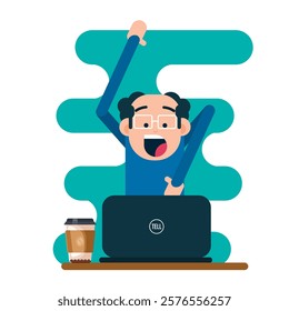 Happy man with laptop and coffee cup. Flat style vector illustration.