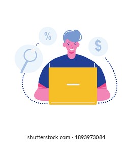 Happy man with laptop doing online shopping flat vector illustration