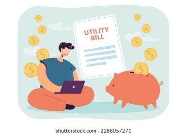 Happy man with laptop and piggybank checking utility bill. Person spending savings on payment for water, electricity consumption vector illustration. Household, finances, utility bills concept