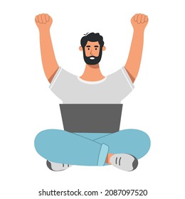 Happy Man With Laptop, Raises His Hands Up In Joy. Concept Of Happiness, Victory Or Lucky. Flat Vector Illustration Isolated On White Background.