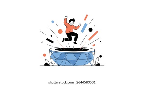 A happy man leaping out of a geodesic dome vector illustration design
