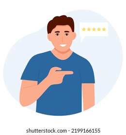 Happy man  leaves positive recommend feedback, rating stars, good reviews, comments or likes. Vector illustration