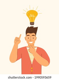 Happy man with a light bulb over his head. New creative idea, problem solved, creative thinking, startup, innovation, brainstorming, brain activity, motivation, inspiration. Vector flat illustration