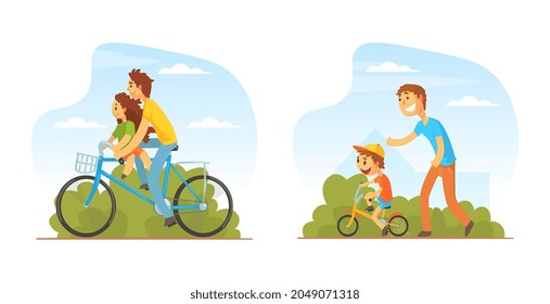 Happy Man with Little Kid Riding Bicycle Enjoying Vacation or Weekend Activity Vector Set
