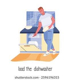 Happy man loading dishwasher cartoon scene. Funny guy standing in kitchen interior, holding plate to load in dishwasher and wash. Housework, cartoon dishwashing routine action vector illustration