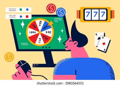 Happy man look at computer screen gamble online on device. Guy player play roulette and slot machine on internet on gadget, believe in fortune. Web casino. Vector illustration, cartoon character. 