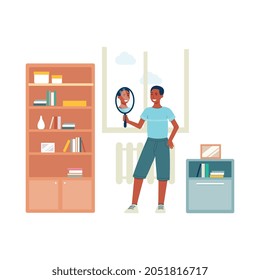 Happy man looking at himself in hand mirror, self acceptance and love concept. Room interior with confident cartoon boy smiling at his reflection, vector illustration.