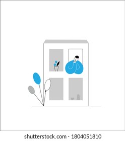 Un hombre feliz mirando por la ventana. Comprar o alquilar un nuevo concepto de vivienda. Ilustración vectorial plana.