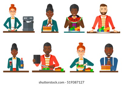 Happy man looking with passion at a big cake. Excited man standing in front of delicious cake. Cheerful smiling woman eating cake. Set of vector flat design illustrations isolated on white background.