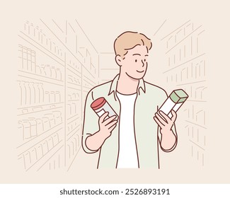 Homem feliz olhando o produto na mercearia. Ilustrações de design de vetor de estilo desenhado à mão.