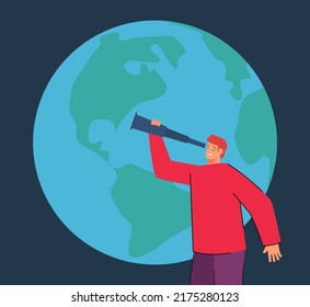 Fröhlicher Mann, der vor dem Globus durch das Spinnglas guckt. Person auf der Suche nach Karriere- oder Geschäftsmöglichkeiten, positive Vision flache Vektorgrafik. Reisen, Zukunft, Jobsuche-Konzept für Banner