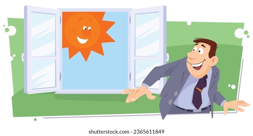 Happy man looks out window at sun. Funny people. Illustration concept template for website, web landing page, banner, presentation, social, poster, promotion or print media.